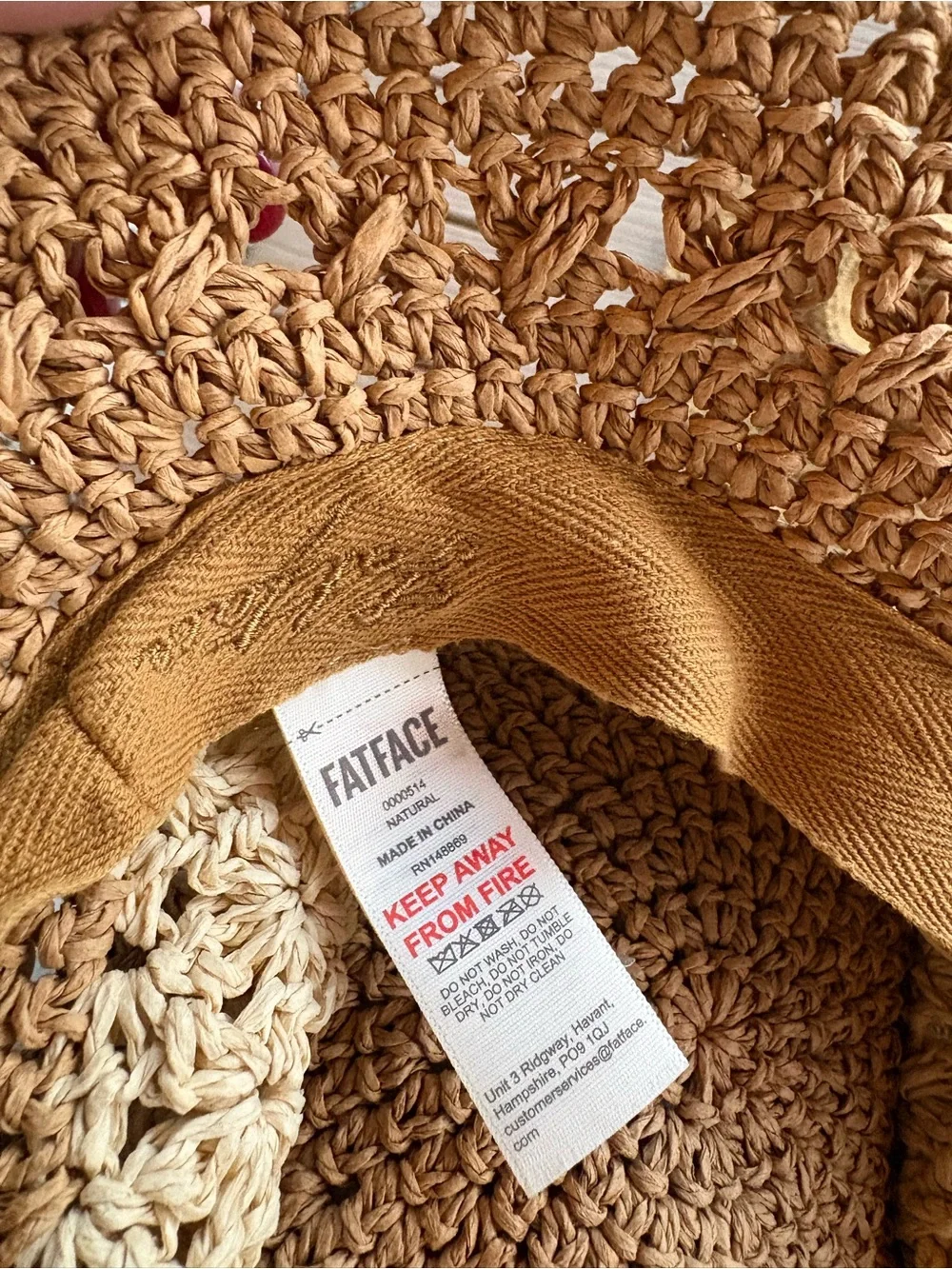 Fat Face UK Packable Crochet Straw Sun Hat Boho Wide Brim Brown Cream Beaded - Picture 5 of 5